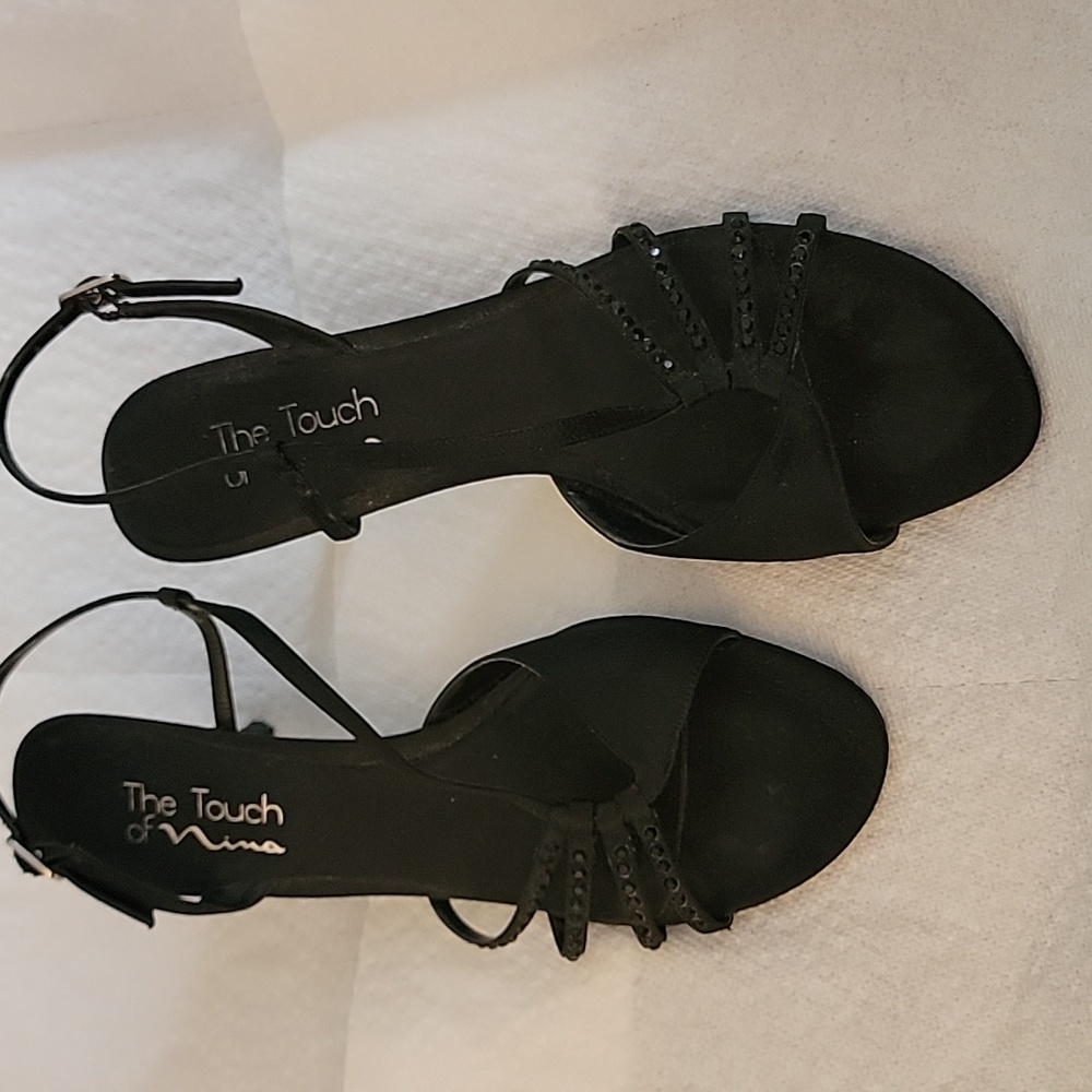 Black dress heels.Size 8 M.Open toes with black rhinestones across toes.